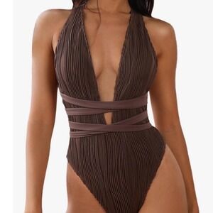 Brown textured plunge wrap swimsuit quiet luxury minimalist swim